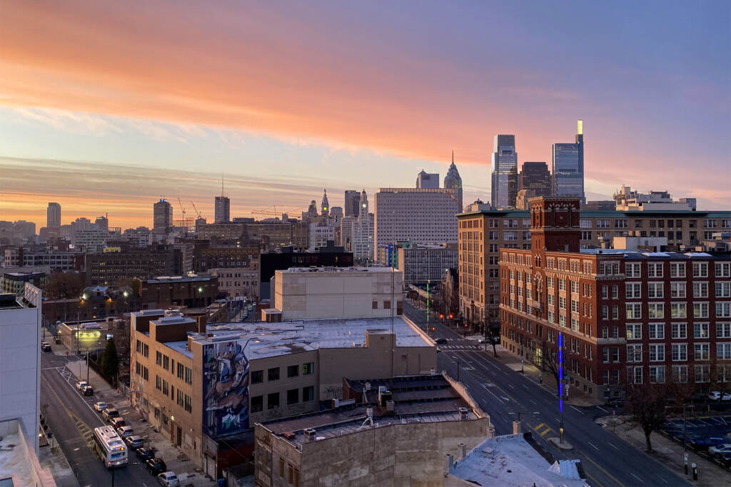 phillyskyline-northbroad-ridge-sunrise Aerial view of North Broad Street at sunrise.