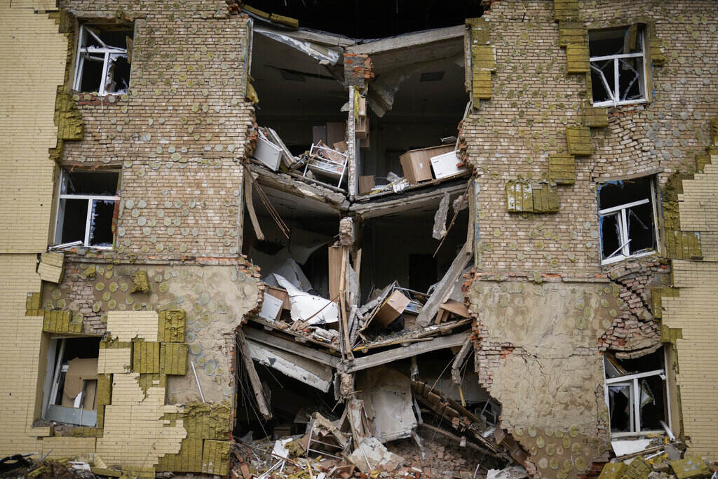 APTOPIX Russia Ukraine War View of a building destroyed by a Russian bombing.