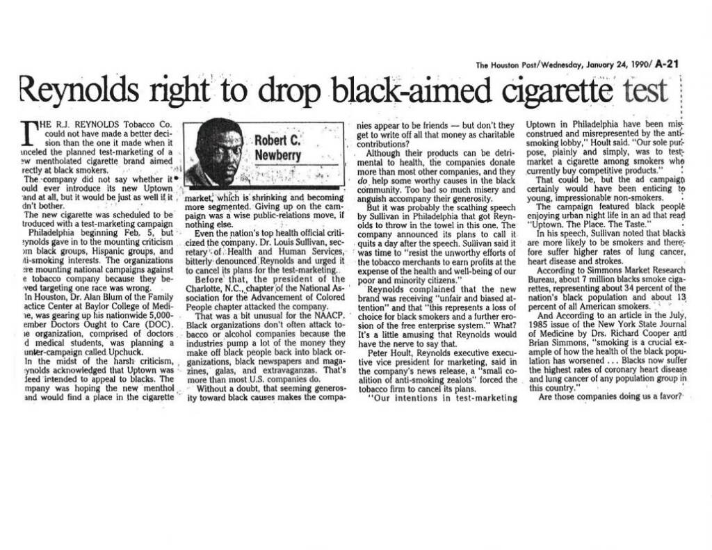 A newspaper article announces that the company is dropping cigarettes marketed to Black community.