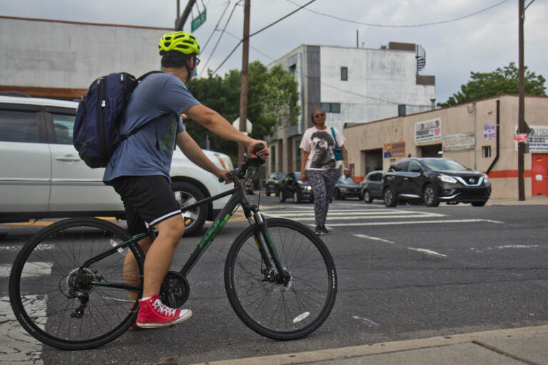 A cyclist is seen at 17th and Washington Avenue in Philadelphia