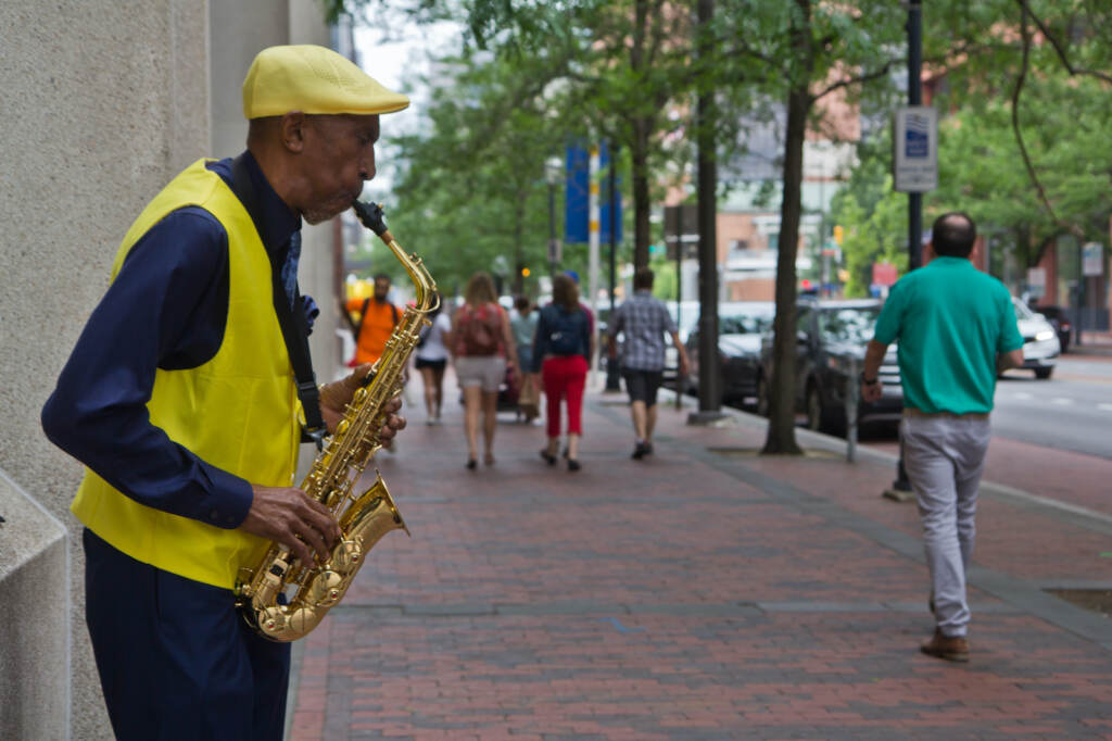 2022 06 22 kpaynter david puryear 4th and market (1 of 1) David Puryear plays saxophone on 4th and Market streets in Philadelphia.