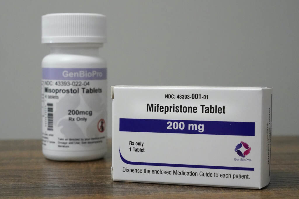 Abortion Pills Containers of the medication used to end an early pregnancy sit on a table inside a Planned Parenthood clinic Friday, Oct. 29, 2021, in Fairview Heights, Ill. Women with unwanted pregnancies are increasingly considering getting abortion pills by mail. (AP Photo/Jeff Roberson)