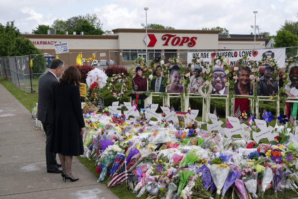 Kamala Harris, Doug Emhoff Vice President Kamala Harris and her husband Doug Emhoff visit a memorial near the site of the Buffalo supermarket shooting after attending a memorial service for Ruth Whitfield, one of the victims of the shooting, Saturday, May 28, 2022, in Buffalo, N.Y. (AP Photo/Patrick Semansky)