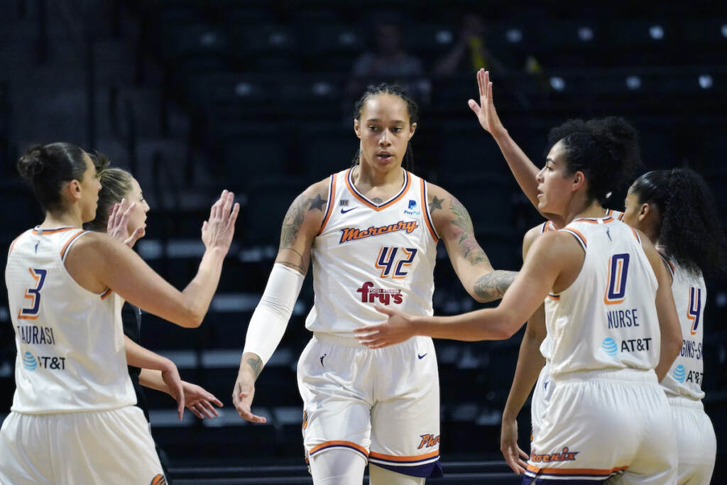 Brittney Griner File photo: Phoenix Mercury's Brittney Griner (42) is congratulated on a play against the Seattle Storm in the first half of the second round of the WNBA basketball playoffs Sunday, Sept. 26, 2021, in Everett, Wash. Brittney Griner has been able to receive emails and letters from WNBA players to an account Griner’s agent set up to allow them to communicate with her. The emails are printed out and delivered sporadically in bunches to Griner by her lawyers after being vetted by Russian officials