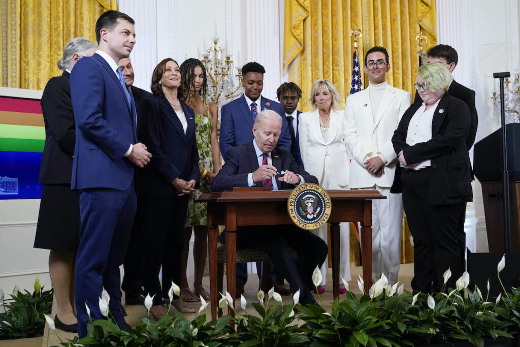 Joe Biden President Joe Biden signs an executive order at an event to celebrate Pride Month in the East Room of the White House, Wednesday, June 15, 2022, in Washington. (AP Photo/Patrick Semansky)