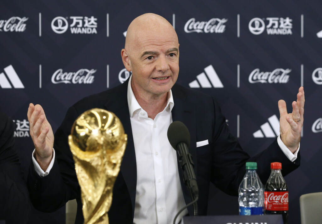 WCup 2026 Host Cities Soccer FIFA President Gianni Infantino answers questions during a 2026 soccer World Cup news conference Thursday, June 16, 2022, in New York. (AP Photo/Noah K. Murray)