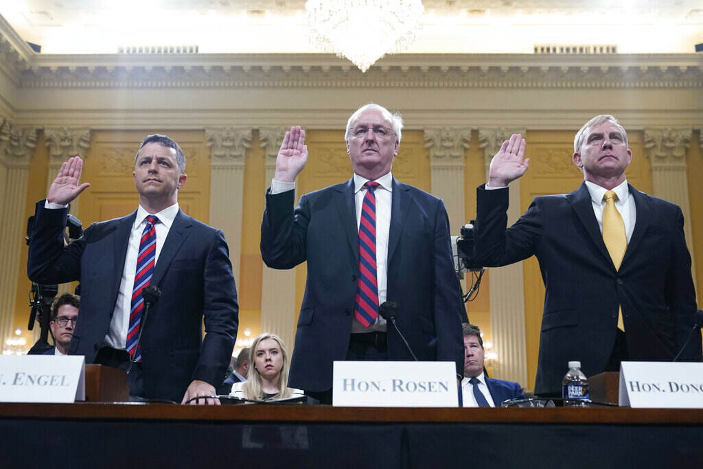 APTOPIX Capitol Riot Investigation Steven Engel, former Assistant Attorney General for the Office of Legal Counsel, from left, Jeffrey Rosen, former acting Attorney General, and Richard Donoghue, former acting Deputy Attorney General, are sworn in to testify as the House select committee investigating the Jan. 6 attack on the U.S. Capitol continues to reveal its findings of a year-long investigation, at the Capitol in Washington, Thursday, June 23, 2022. (AP Photo/Jacquelyn Martin)