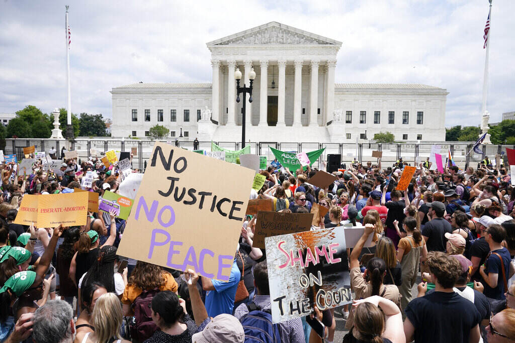 Supreme Court Abortion Protesters gather outside the Supreme Court in Washington, Friday, June 24, 2022. The Supreme Court has ended constitutional protections for abortion that had been in place nearly 50 years, a decision by its conservative majority to overturn the court's landmark abortion cases. (AP Photo/Jacquelyn Martin)