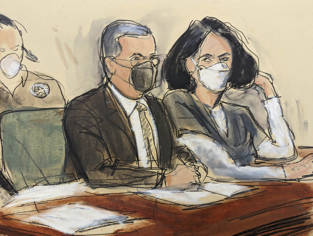 Ghislaine Maxwel, Christian Everdell In this courtroom sketch, Ghislaine Maxwell, right, is seated beside her attorney, Christian Everdell, as they watch the prosecutor speak during her sentencing, Tuesday, June 28, 2022, in New York. (AP Photo/Elizabeth Williams)