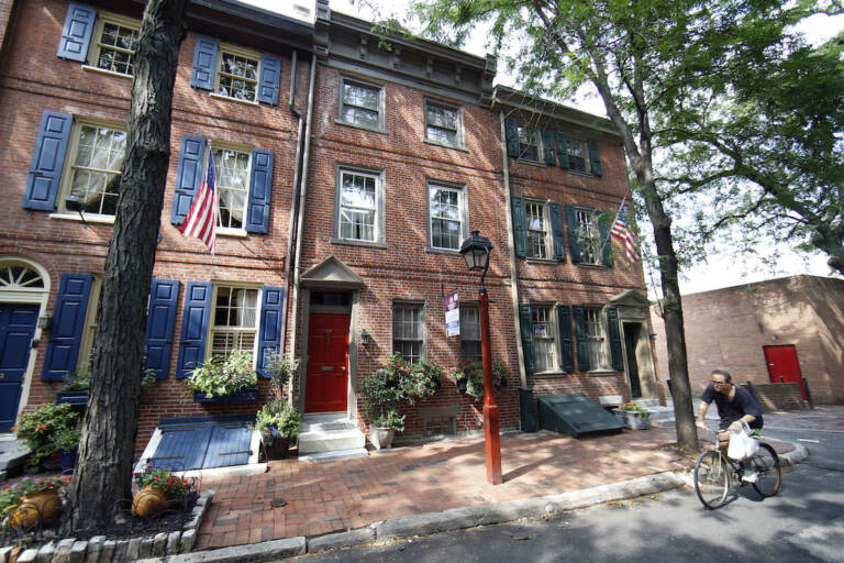 A rowhouse on a tree-shaded street in the Society Hill neighborhood of Philadelphia