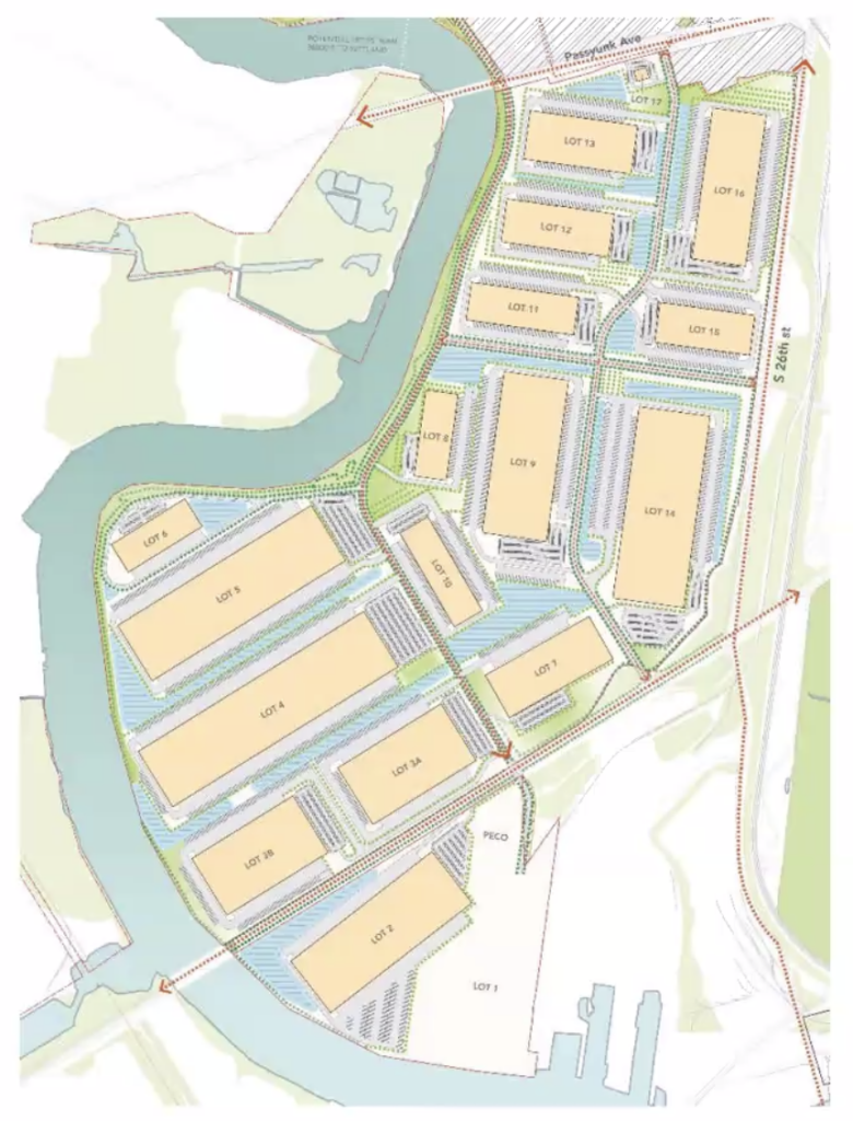 A screenshot of a rendering of HRP's development plan for an e-commerce and logistics hub on the southern portion of the site to the East of the Schuylkill.
