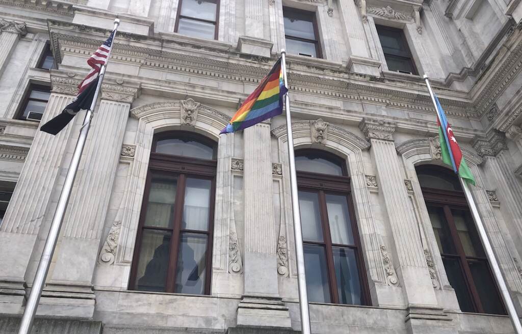 IMG_8135 The LGBTQ pride flag was raised outside Philadelphia City Hall on June 3, 2022. (Sophia Schmidt/WHYY)