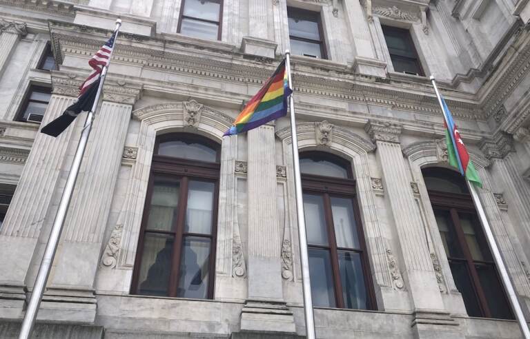 The LGBTQ pride flag was raised outside Philadelphia City Hall on June 3, 2022. (Sophia Schmidt/WHYY)