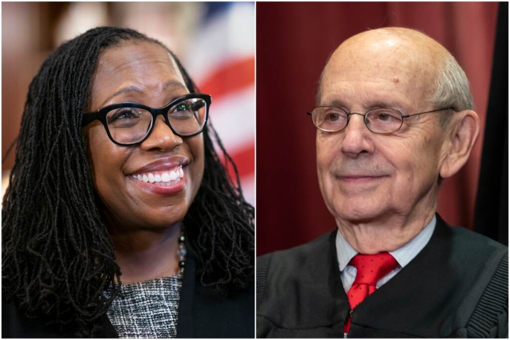 Jackson Brown 2 box Supreme Court nominee Judge Ketanji Brown Jackson and Supreme Court Associate Justice Stephen Breyer. ((AP Photo/J. Scott Applewhite)