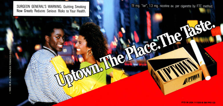 An ad from 1989 shows two people with the city in the background, as the slogan reads: Uptown. The Place. The Taste.