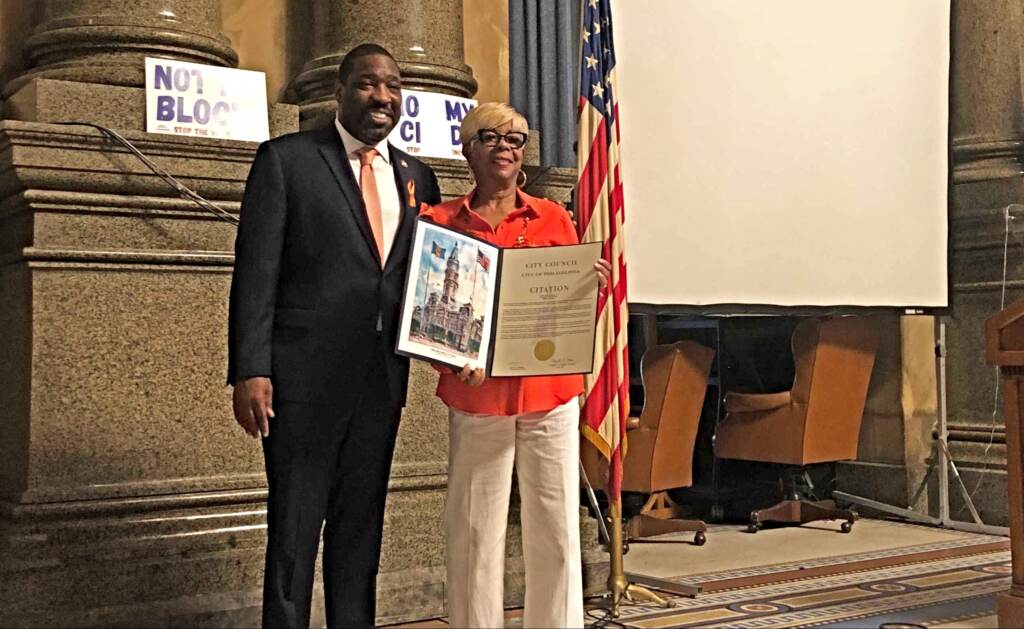 anti-violence-award-city-council-e-rizzo-2022-06-02-1 One of the honorees, Dr. Dorothy Johnson Speight, with Councilmember Kenyatta Johnson at CIty Hall on June 2, 2022. (Emily Rizzo / WHYY)