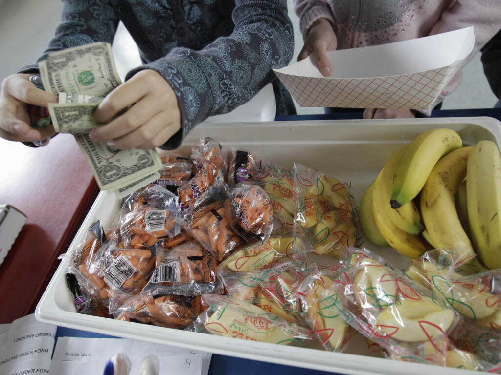 A student pays for lunch of fruits and vegetables during a school lunch program. A student pays for lunch of fruits and vegetables during a school lunch program. (Paul Sakuma/AP)