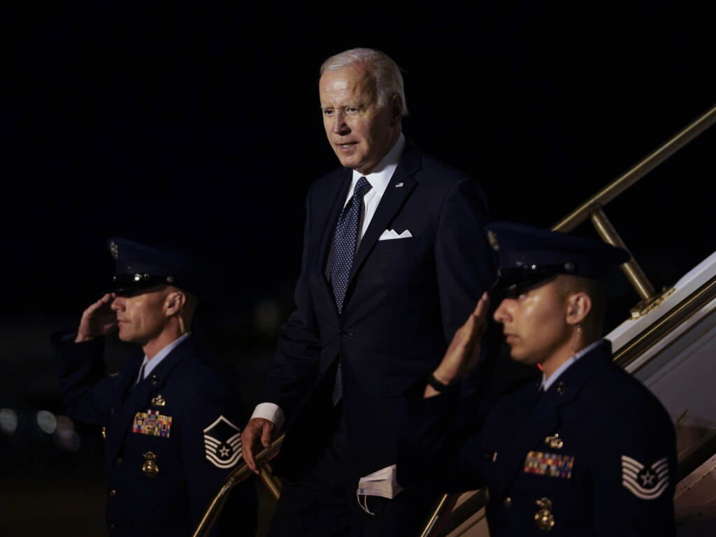 President Biden walks down the steps of Air Force One at Dover Air Force Base, Del., Thursday, June 2, 2022, as he heads to Rehobeth Beach, Del., for the weekend. A small plane flew near the Bidens’ beach house. President Biden walks down the steps of Air Force One at Dover Air Force Base, Del., Thursday, June 2, 2022, as he heads to Rehobeth Beach, Del., for the weekend. A small plane flew near the Bidens' beach house. (Susan Walsh/AP)