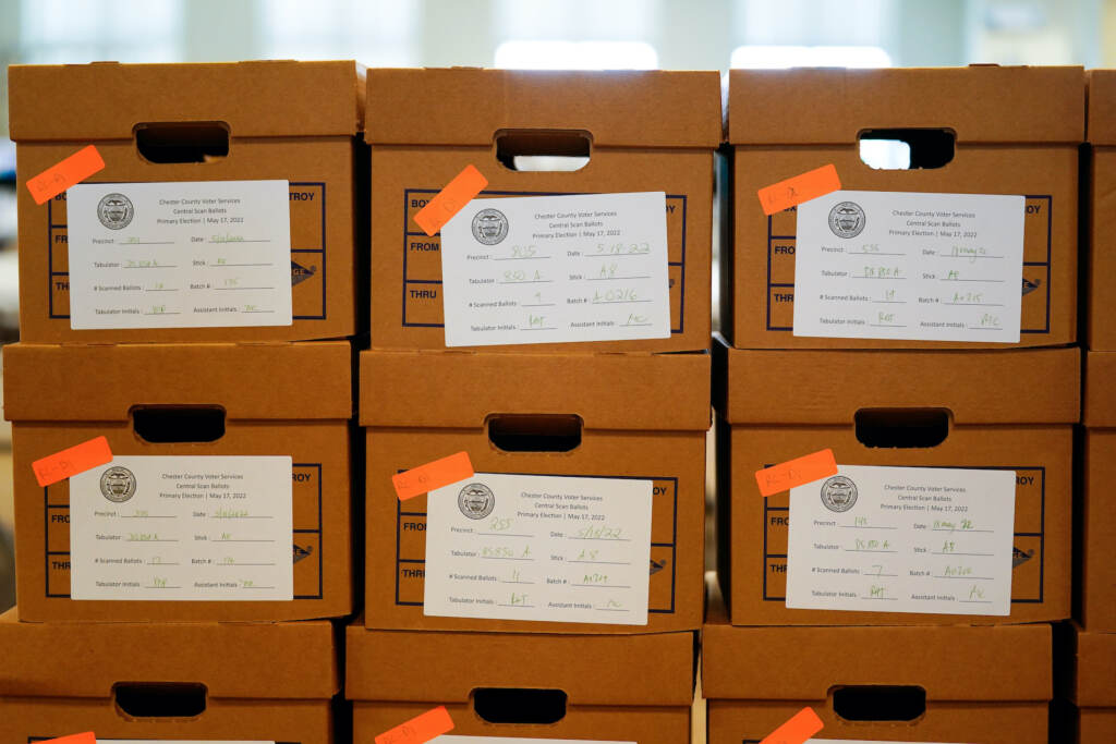 Election 2022 Senate Pennsylvania Boxes of recounted ballots from the recent Pennsylvania primary election are stacked at the Chester County Voter Services office in West Chester, Pa., Wednesday, June 1, 2022. (AP Photo/Matt Rourke)