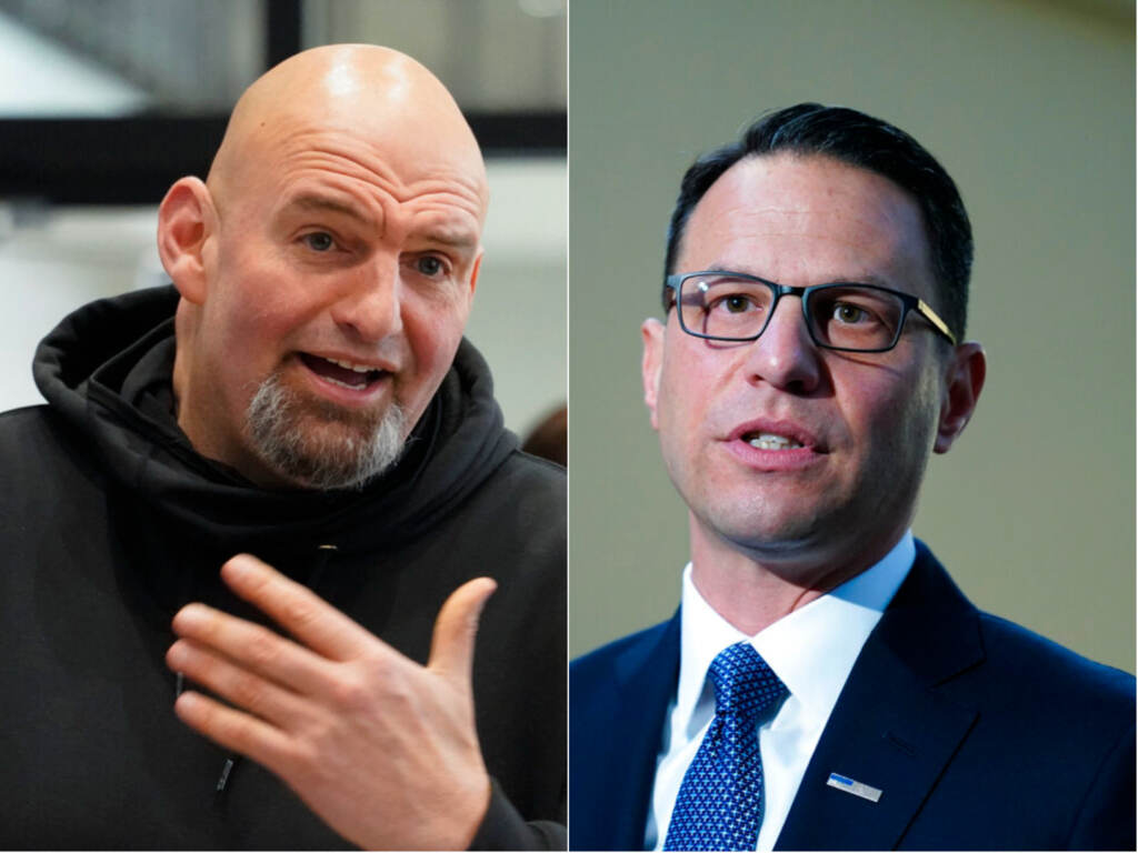fetterman-shapiro-2022-election John Fetterman, on the left, gestures as he's speaking. Josh Shapiro, on the right, appears to be speaking as well.