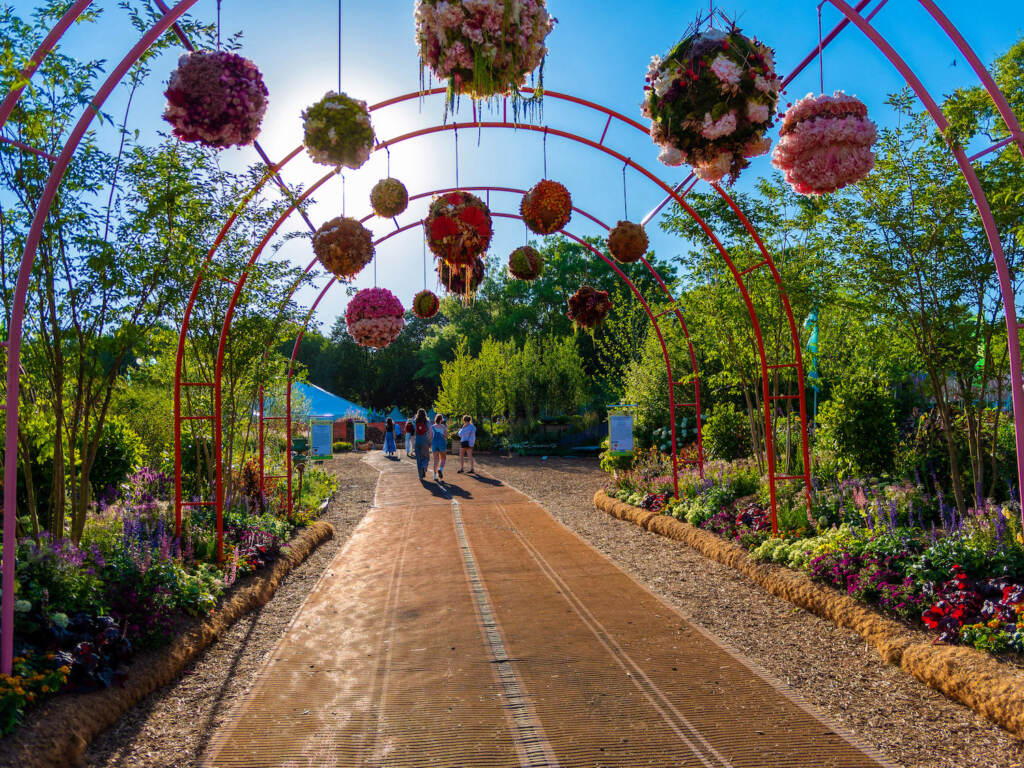 flowershow2022-fdrpark-27 A walkway is visible with flowers hanging from an arbor overhead.