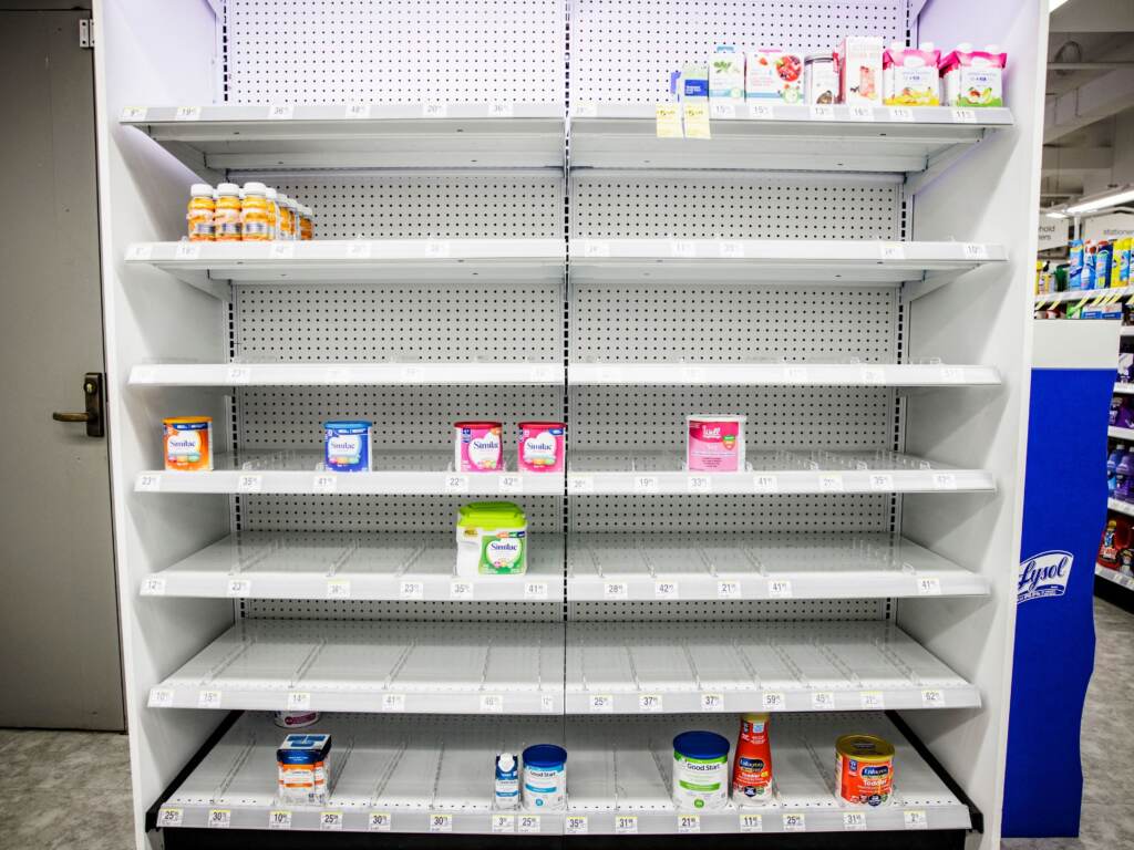 Shelves normally meant for baby formula sit nearly empty at a store in downtown Washington, D.C., on May 22. Empty shelves in a store where normally baby formula would be stocked.