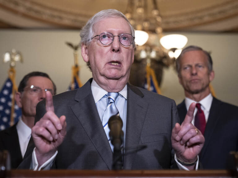 Senate Minority Leader Mitch McConnell, seen here speaking during a news conference after a Senate Republican lunch meeting on June 7, 2022, said he will support a gun bill in the Senate if it sticks to the proposed framework announced over the weekend. (Drew Angerer/Getty Images)