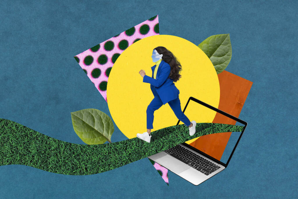 Collage image of Business woman running out of computer into a new beginning Young business woman running along a grass pathway surrounded by colourful abstract shapes on a blue background