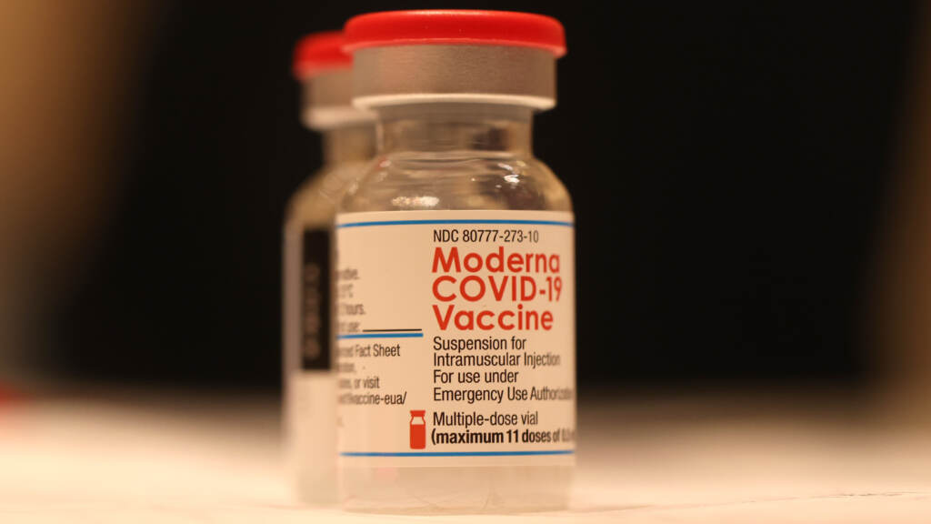Moderna says its new bivalent vaccine is its “lead candidate for a Fall 2022 booster.” Here, a vial of the company’s COVID-19 vaccine sits on a table at a vaccination clinic in San Rafael, California. A vial of Moderna's COVID-19 vaccine sits on a table