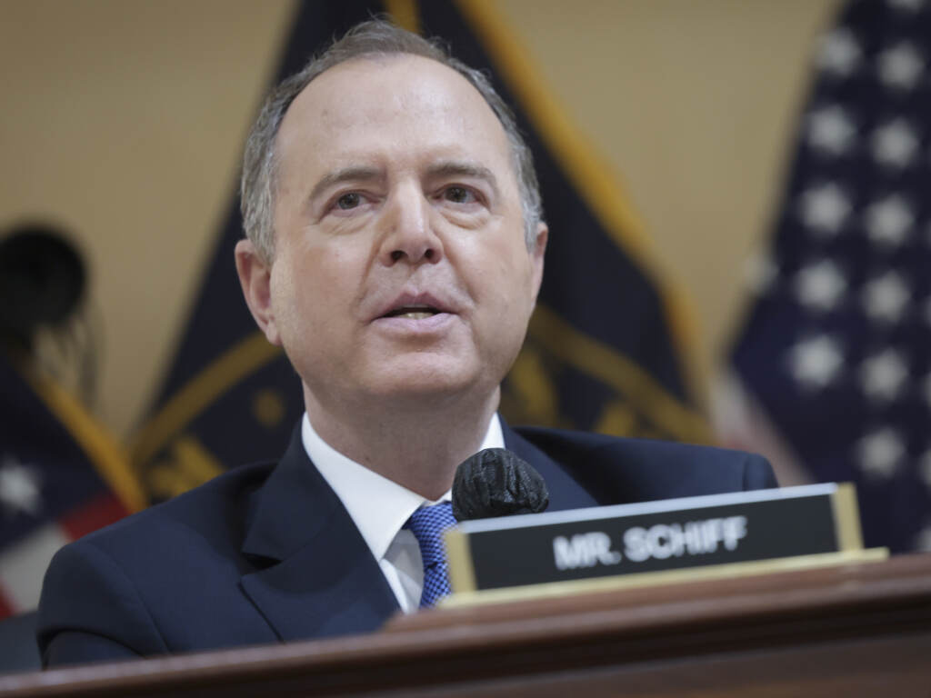 Rep. Adam Schiff delivers remarks during a hearing by the House select committee to investigate the Jan. 6 Capitol attack on Tuesday in Washington. Rep. Adam Schiff delivers remarks during a hearing by the House select committee to investigate the Jan. 6 Capitol attack