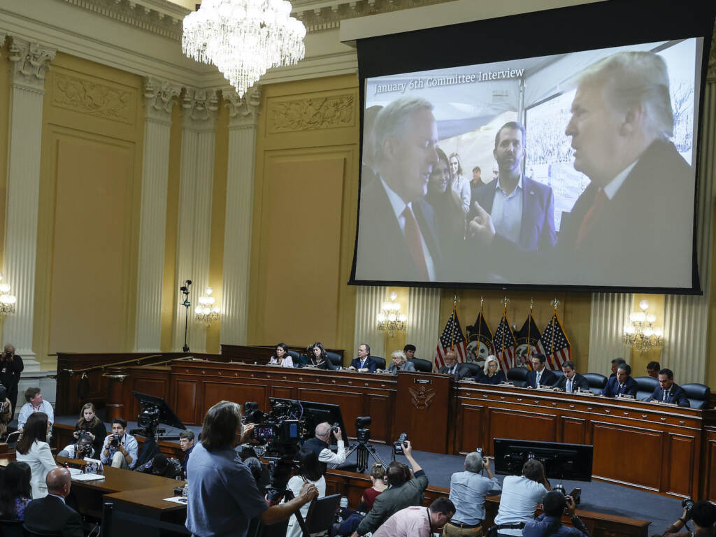 January 6th Committee Holds Surprise Hearing During Congressional Break An image of former President Donald Trump talking to his Chief of Staff Mark Meadows is displayed as Cassidy Hutchinson testifies before the House select committee investigating the Jan. 6 insurrection