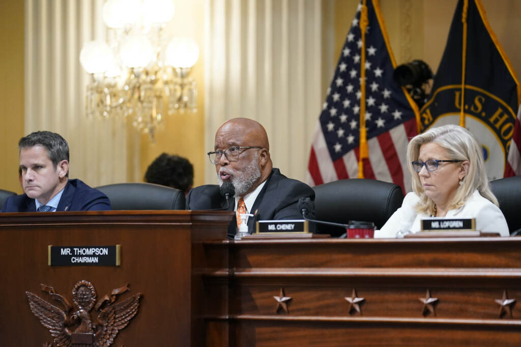 Bennie Thompson, Liz Cheney, Adam Kinzinger Chairman Bennie Thompson speaks at a Jan. 6 committee hearing