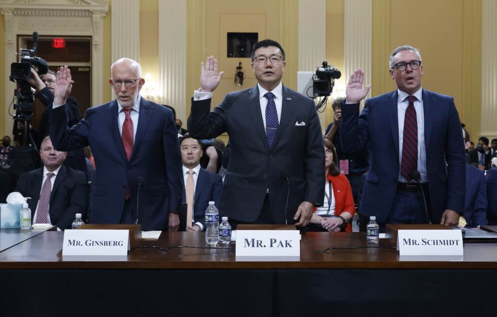 Capitol Riot Investigation From left, Republican election attorney Ben Ginsberg, former U.S. Attorney for Georgia, Bjay Pak, and Al Schmidt, the only Republican on Philadelphia's 2020 elections board, are sworn in to testify before the U.S. House Jan. 6 committee