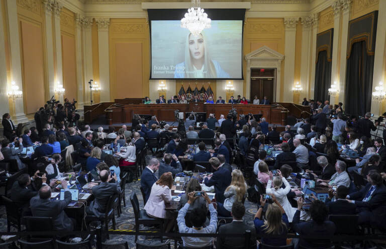 An image of Ivanka Trump is displayed on a screen as the House select committee investigating the Jan. 6 attack on the U.S. Capitol holds its first public hearing to reveal the findings of a year-long investigation, on Capitol Hill in Washington, Thursday, June 9, 2022.  (Jabin Botsford//The Washington Post via AP, Pool)