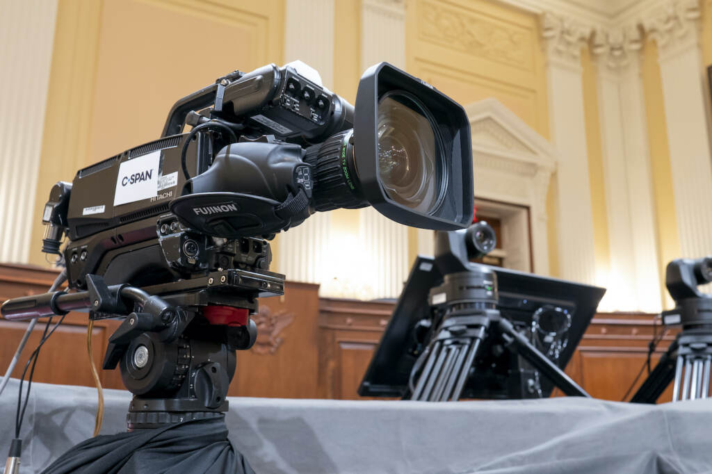Capitol Riot Investigation Television crews and technicians prepare the Cannon Caucus Room for Thursday night's hearing by the House select committee investigating the attack of Jan. 6, 2021, at the Capitol in Washington, Tuesday, June 7, 2022. (AP Photo/J. Scott Applewhite)
