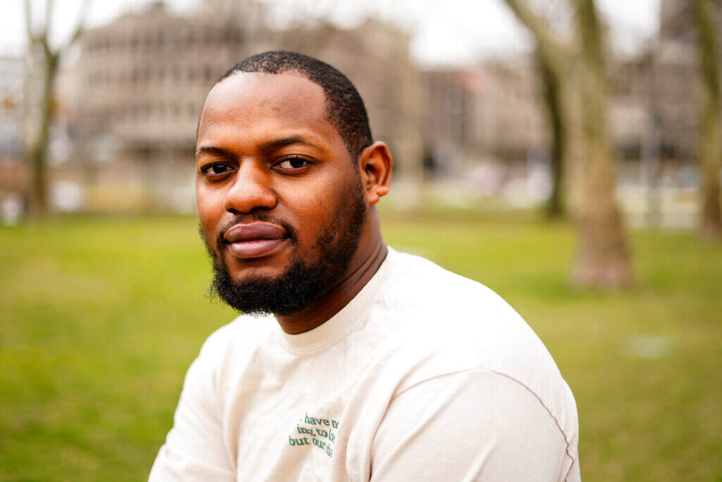 Juvenile Justice Reform David Harrington poses for a photograph in Philadelphia, on Wednesday, March 23, 2022. Harrington spent a tense eight months in a Philadelphia jail when he was a teenager — the result of a robbery charge in 2014 that automatically sent his case to the adult court system under state law.