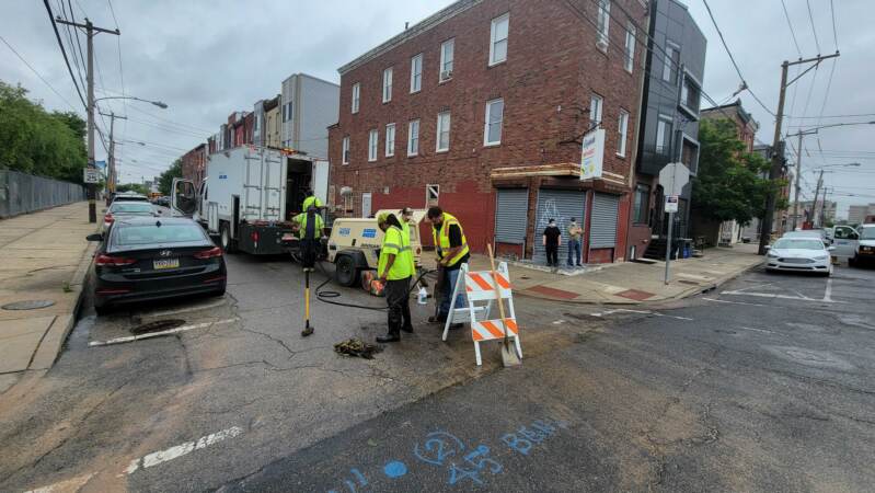The scene of a water main break near 4th and Hewson streets in Kensington.