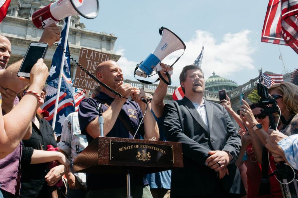 mastriano-protest-witf-060922 State Sen. Doug Mastriano (R-Franklin) speaks at the May 15, 2020, protest outside the state capitol