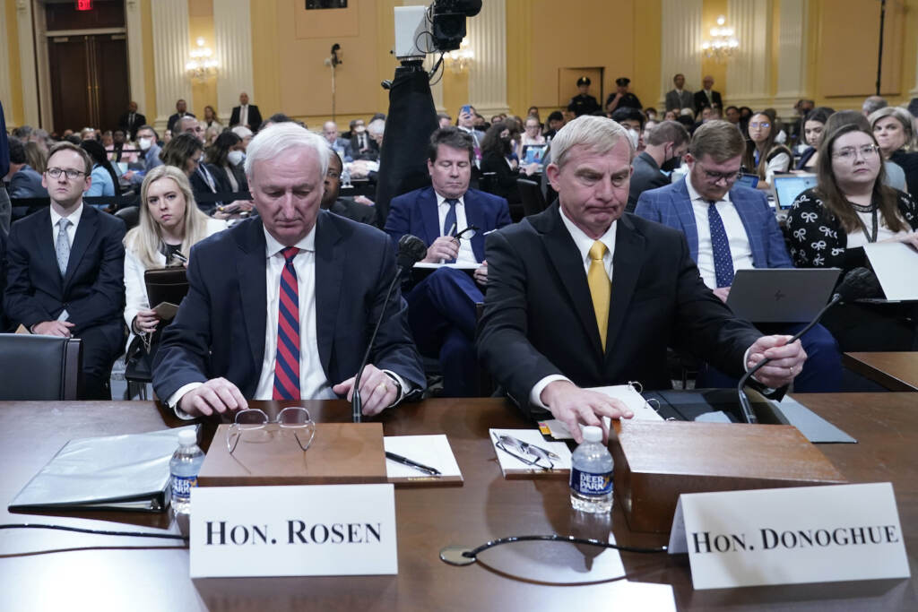 APTOPIX Capitol Riot Investigation Jeffrey Rosen, former acting Attorney General, left, and Richard Donoghue, former acting Deputy Attorney General, arrive to testify at the Capitol in Washington, Thursday, June 23, 2022. (AP Photo/Jacquelyn Martin)