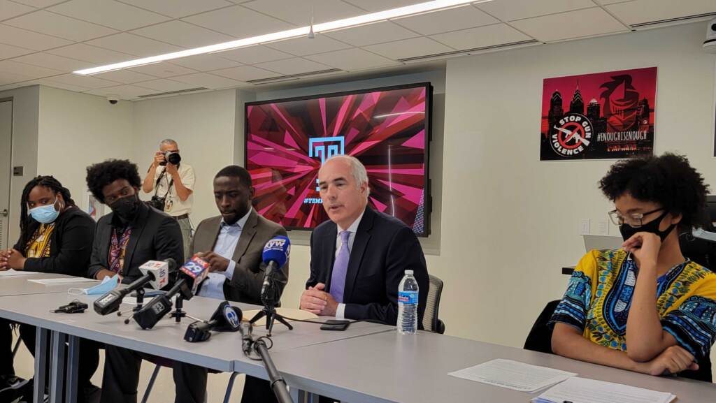 sen-casey-guns-enough-is-enough-t-macdonald-20220606-1 Senator Bob Casey and Councilmember Isaiah Thomas speak with students at Temple university about gun control. (Tom MacDonald / WHYY)