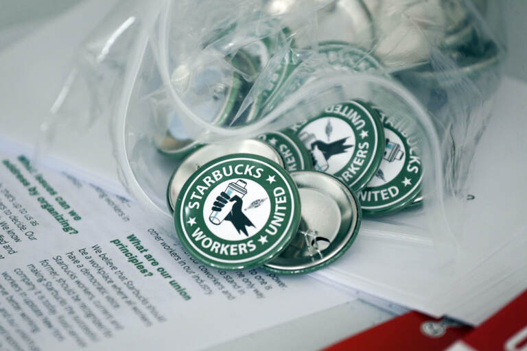 Pro-union pins sit on display
