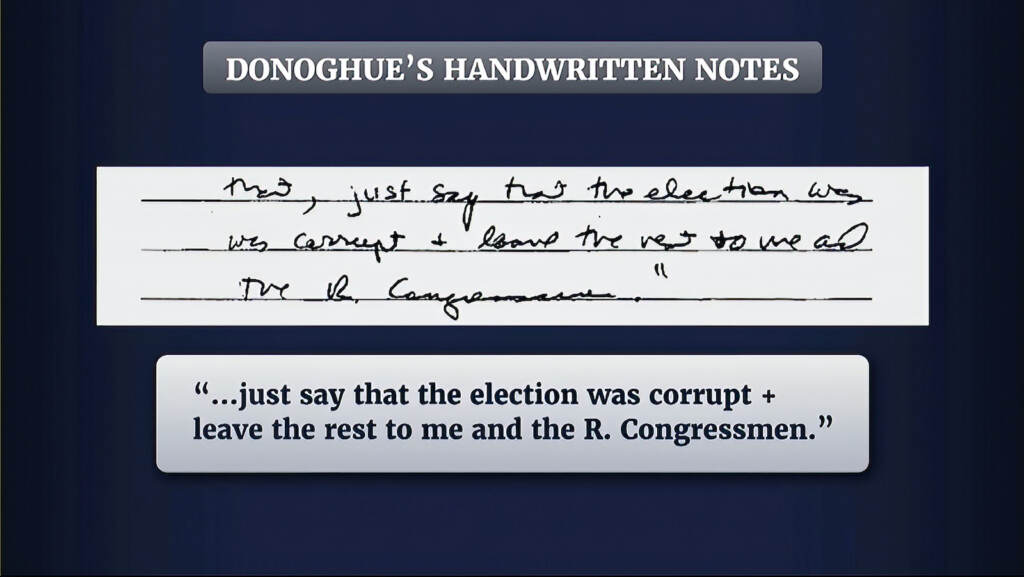 This exhibit from video released by the House Select Committee, shows handwritten notes by Richard Donoghue, former acting Deputy Attorney General