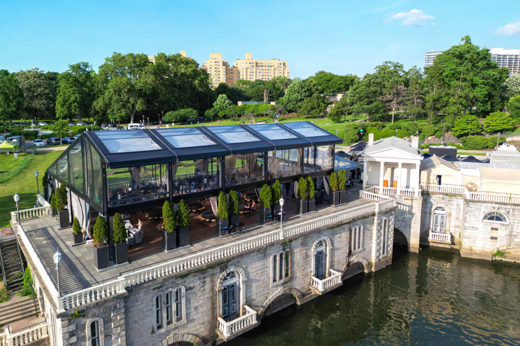 default Aerial view of the pavilion on Mill House Deck at the Fairmount Water Works on a sunny day.