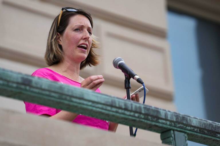 Dr. Caitlin Bernard, the Indiana doctor who provided an abortion to a 10-year-old rape victim from Ohio, speaks during an abortion rights rally in June at the Indiana Statehouse. (Jenna Watson/IndyStar/USA TODAY Network/Reuters)