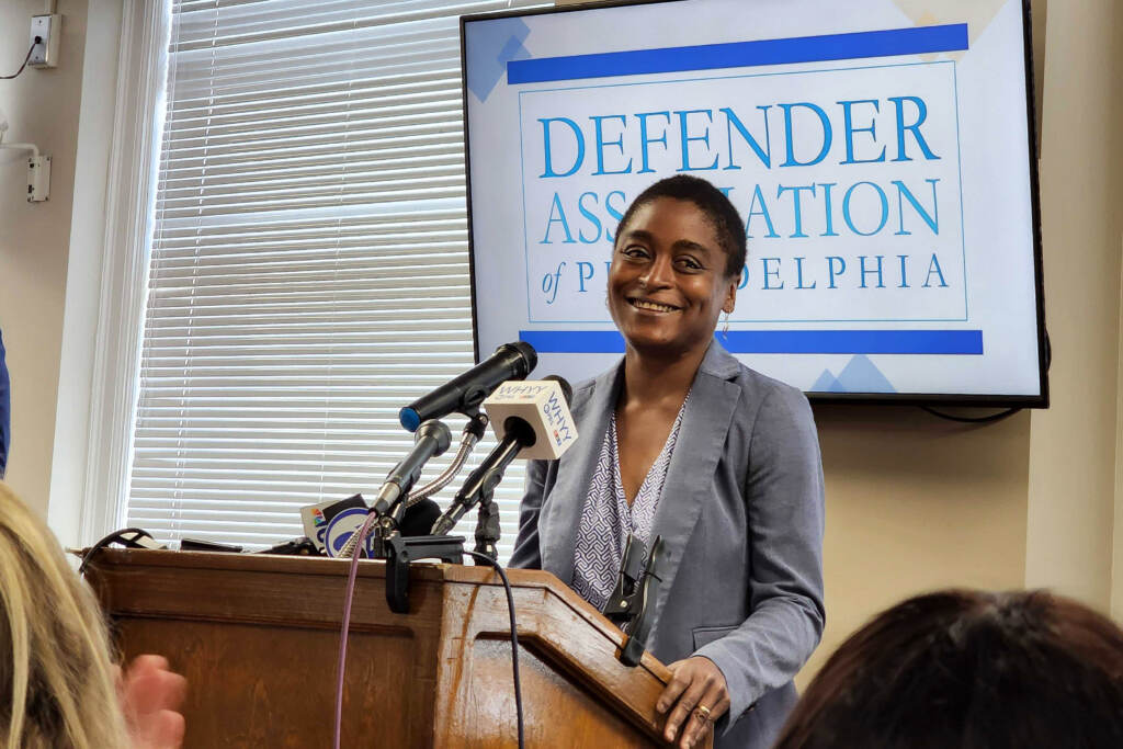 2022-07-06-t-macdonald-keisha-hudson Chief Defender Keisha Hudson gets applause from staff at announcement of wage increases. (Tom MacDonald / WHYY)