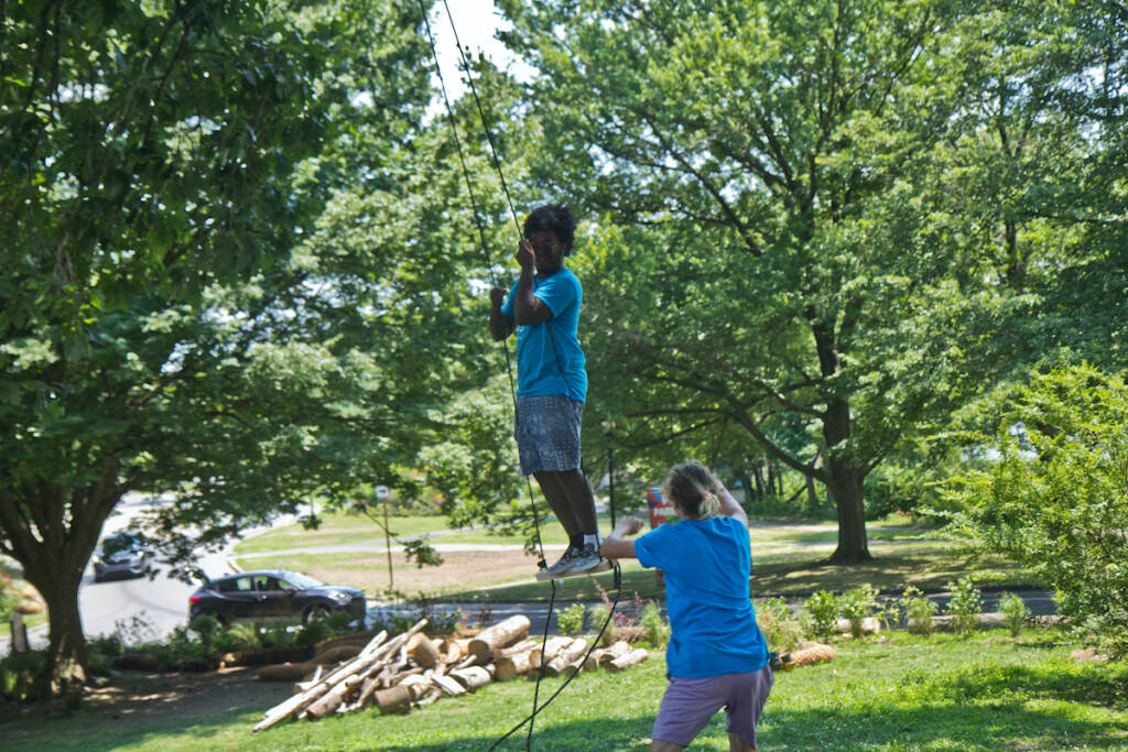 2022 07 14 k paynter FDR park play space (5 of 8) Sky Chandler tests a swing in FDR Park