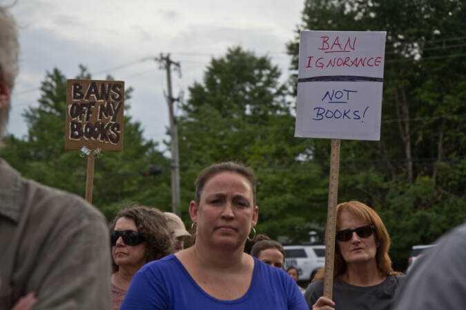 Parents, students, and teachers rallied ahead of the Central Bucks School District’s vote to remove books perceived to have sexualized content from their libraries outside the district’s headquarters in Doylestown on July 26, 2022. (Kimberly Paynter/WHYY)