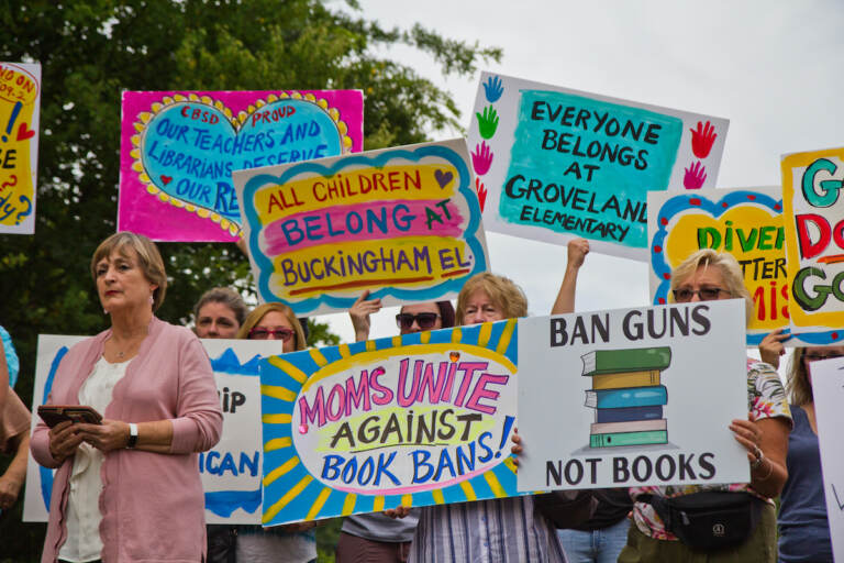 Parents, students, and teachers rally ahead of the Central Bucks School District’s vote to remove books perceived to have sexualized content from their libraries outside the district’s headquarters