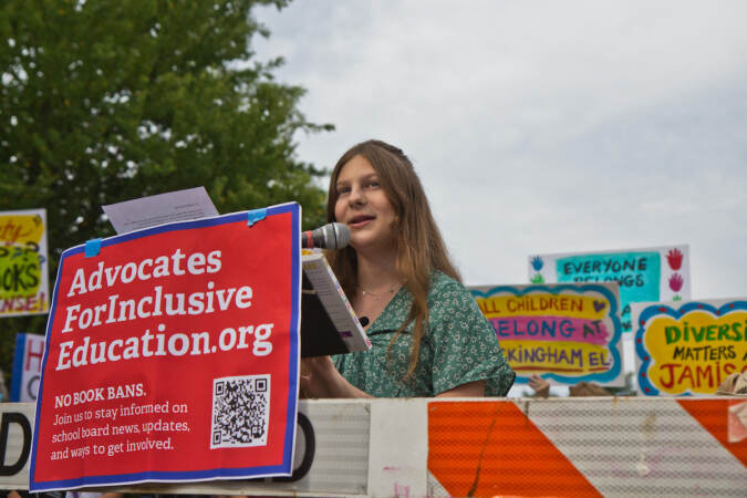 Lilly Freeman speaks at a rally outside of Central Bucks School District