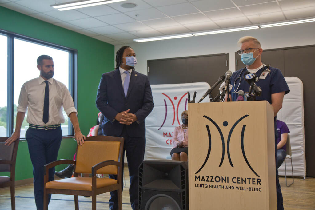 2022 07 29 k paynter monkey pox presser mazzoni center (4 of 6) During a press conference Friday at the Mazzoni Center, Pa. State Representatives Brian Sims (left), and Malcolm Kenyatta (center), joined Mazzoni Center medical assistant Steven Roberston, who said the clinic's staff has not received enough vaccines to meet their patients' needs. (Kimberly Paynter/WHYY)